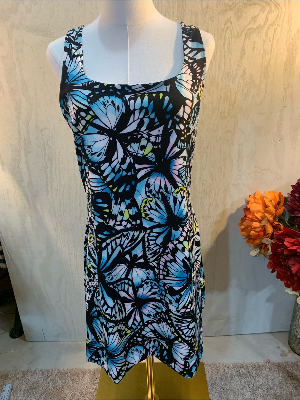 No Boundaries Black Tank Dress with Blue and Lavender Butterfly Print